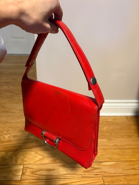 Red Leather Top-Handle Shoulder Bag with Silver D-Ring Accent - Picture 15 of 15